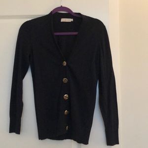 Navy blue cardigan with large logos